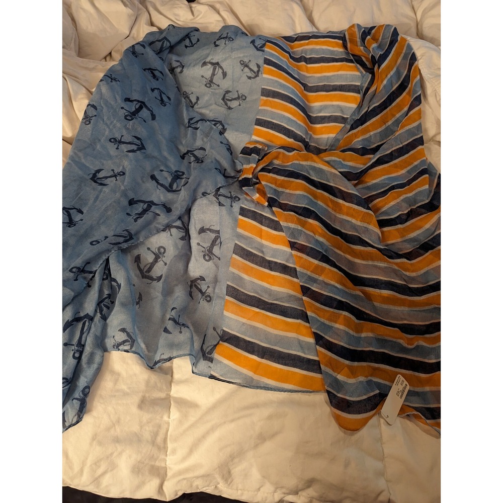 Charming Charlie blue orange white anchor nautical womens neck scarf 70x35" NWT